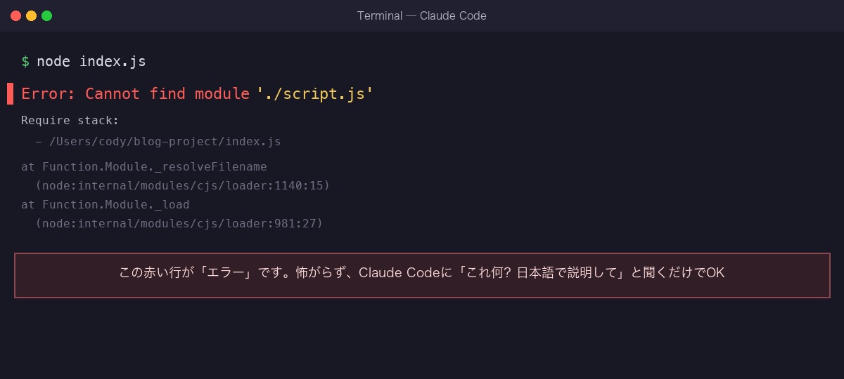 Claude Codeで実際に表示されるエラー画面の例。赤色で「Error: Cannot find module './script.js'」と書かれ、その下にスタックトレースが表示されている。