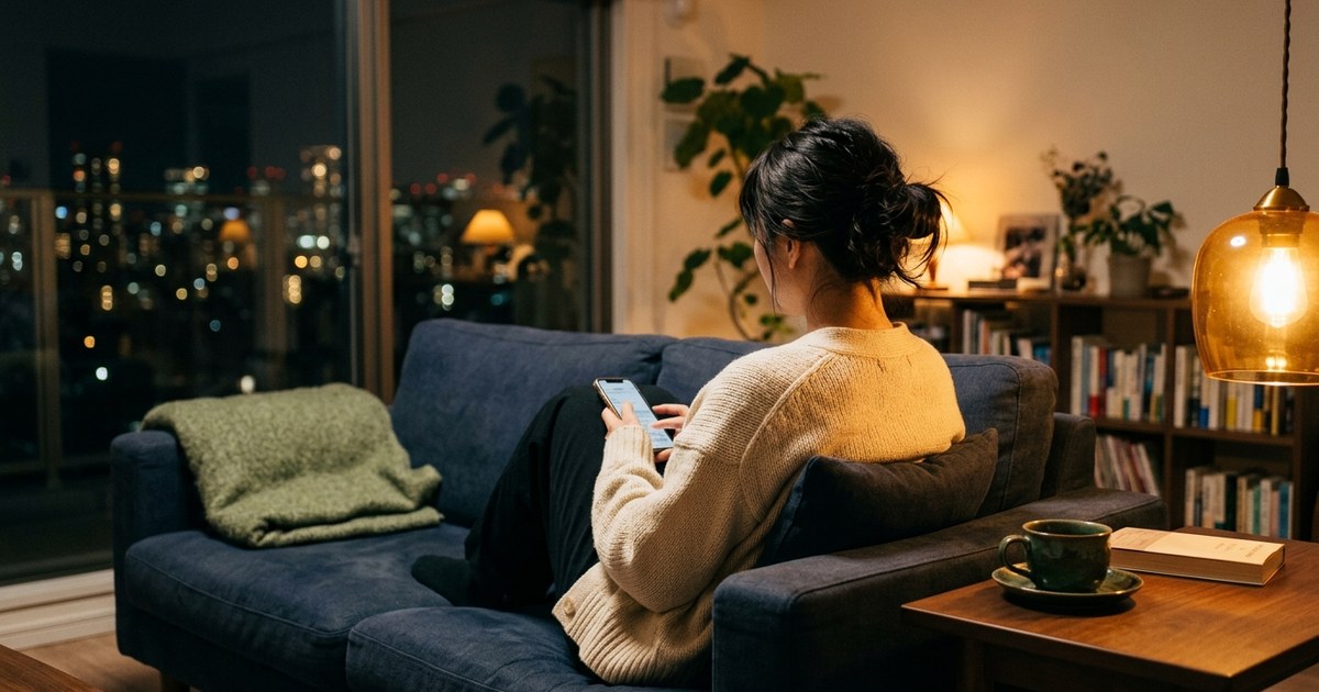 夜のソファに座る30代女性の後ろ姿、傍らのテーブルに湯気が消えたままのお茶が置かれている、自分のために用意したものを飲み忘れている瞬間