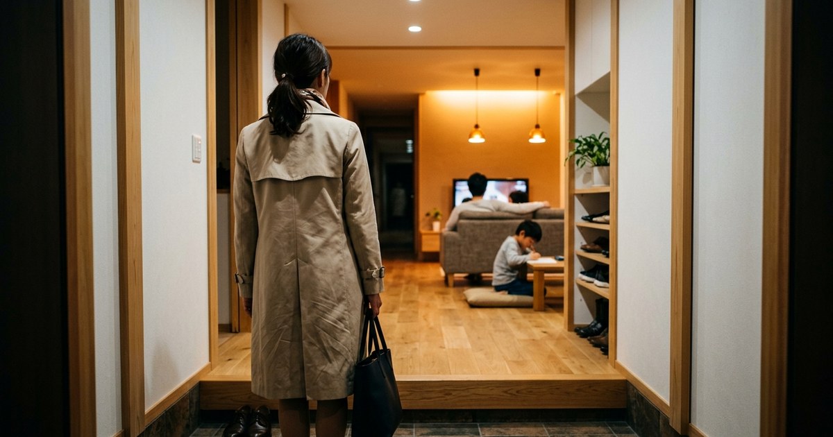 新築マイホームの玄関に立ち止まる30代女性の後ろ姿。廊下の先のリビングでは夫がソファに座り子どもが宿題をしている。家族のために『大丈夫』を演じる前のひと呼吸