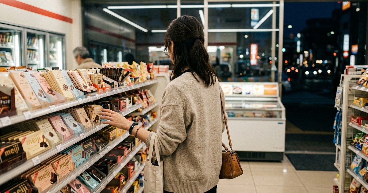 夜のコンビニ。チョコレートの棚の前に立つ女性の後ろ姿——一日の終わりに、自分のために一つを選びとる瞬間の写真