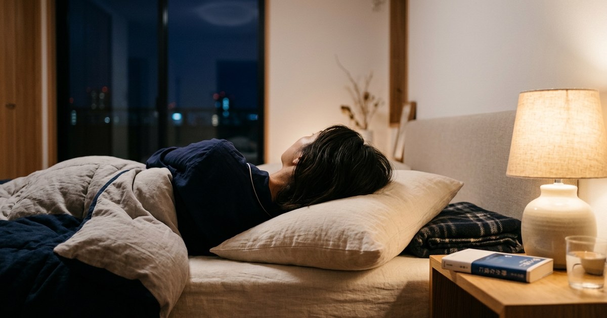 夜のベッドで枕に頭を乗せ、天井を見つめながら『今日、何もできてない』と呟く30代女性の頭の後ろ姿、暖色のスタンドライトに照らされた静かな寝室