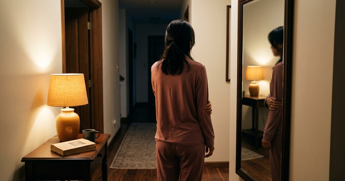 夜の廊下の姿見の前に立ち止まる女性の後ろ姿