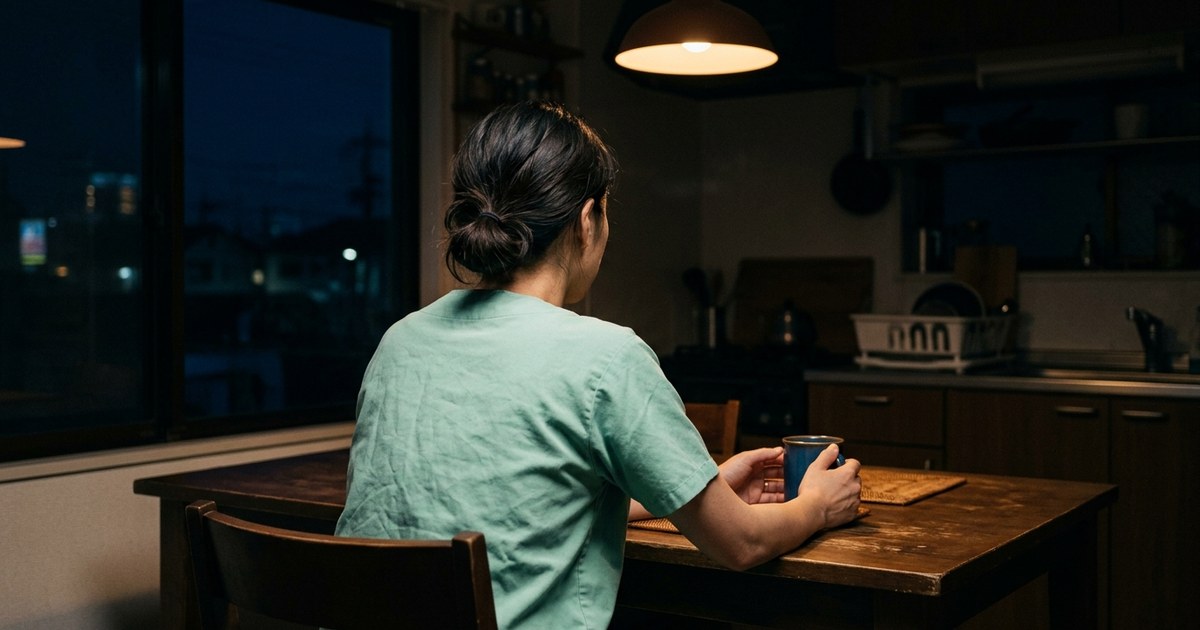 夜、キッチンテーブルで静かに座る看護師の後ろ姿