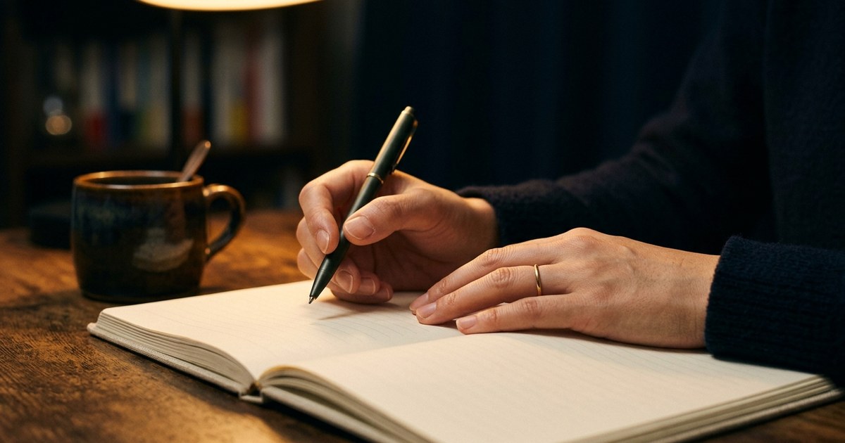ノートの前でペンを持ち、書き始める前に止まっている手元