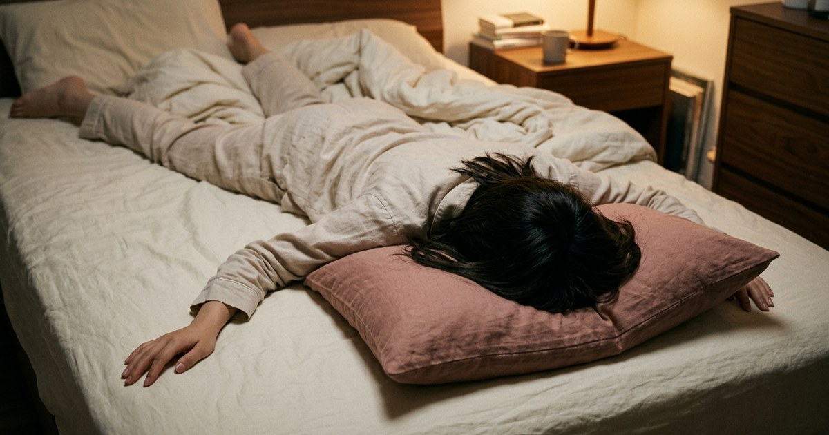 ベッドにうつ伏せで横たわる女性の後ろ姿