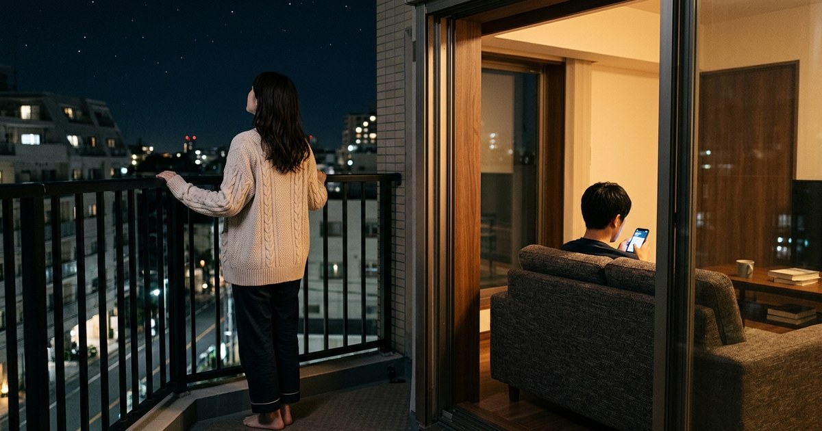 夜、ベランダで星空を見上げる女性の後ろ姿