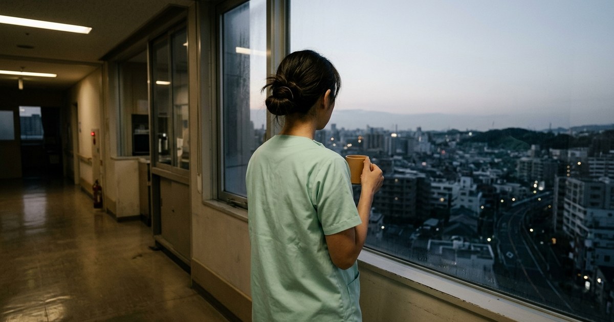 病院の廊下、夜明けの窓の前に立つ看護師の後ろ姿