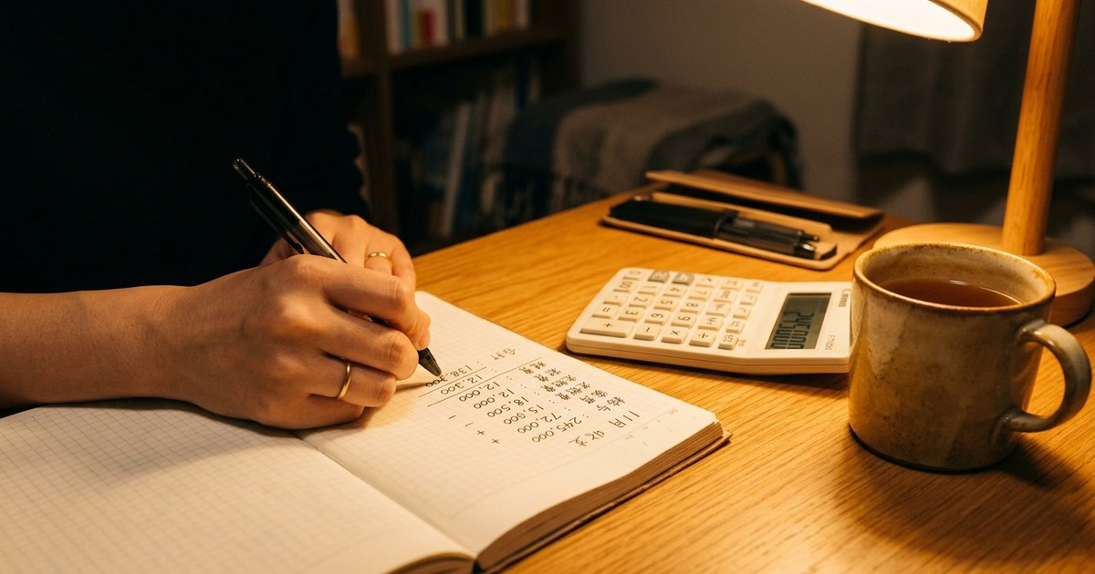 ノートに収入の数字を書き込んでいる手元と電卓