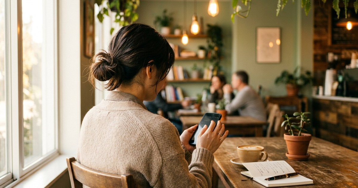 夜のカフェのテーブルでスマホを見つめる、後ろ姿の30代女性。手元には湯気の立つラテと開かれたノート。