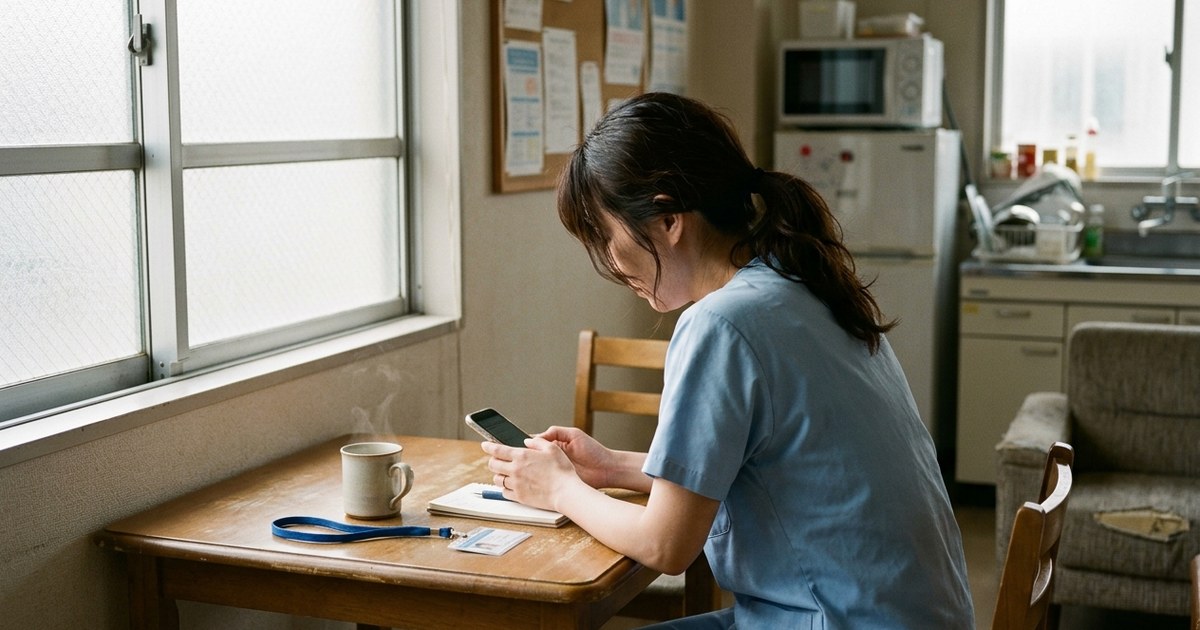 病院の休憩室でスマホを見つめる、後ろ姿の30代看護師。机の上には湯気の立つお茶とノート。