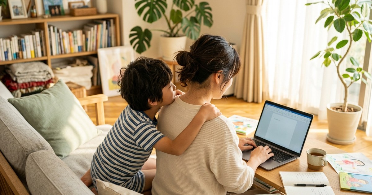 太陽の光が差し込むリビングのソファで、子どもを隣に座らせて副業のラップトップに向かう30代女性の後ろ姿。