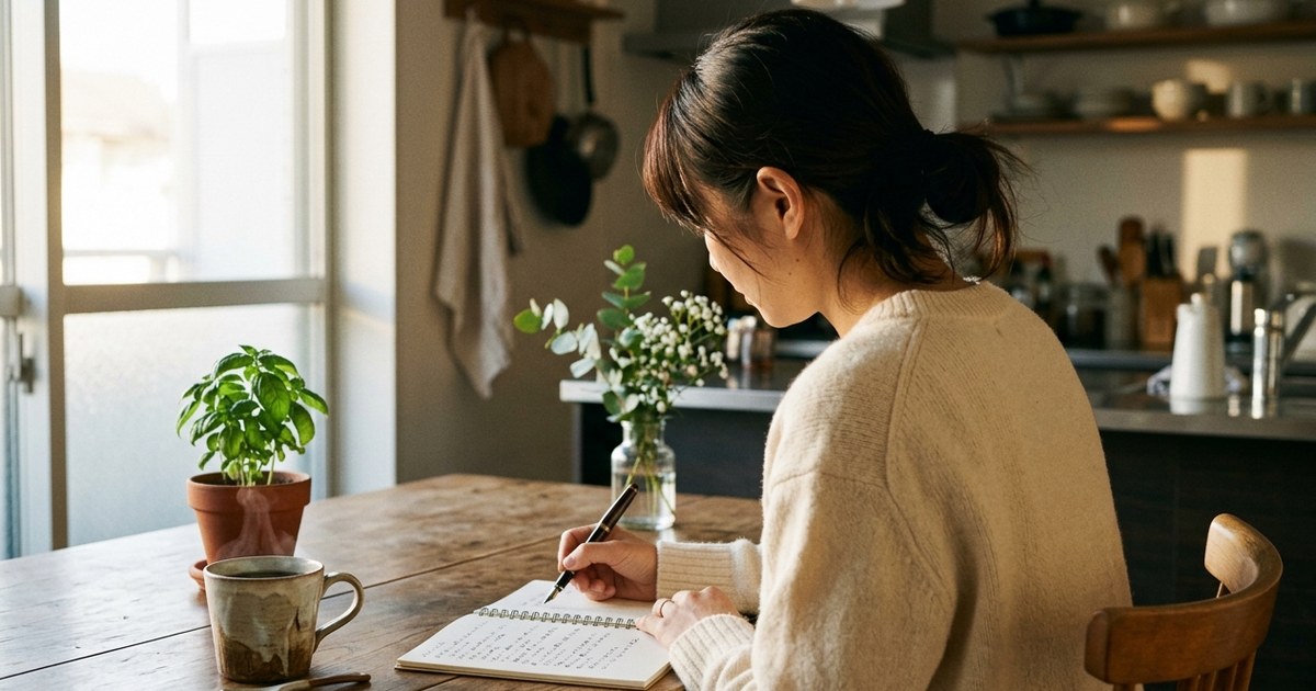 朝のキッチンテーブルでノートに書き込む30代女性の後ろ姿。手元には湯気の立つマグカップと観葉植物。