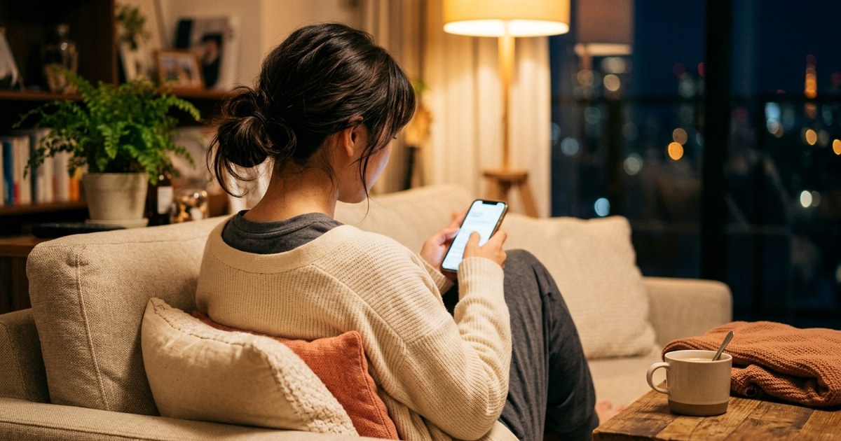 夜のリビングのソファでスマホを見つめる、後ろ姿の30代女性。隣には温かいマグカップと毛布。