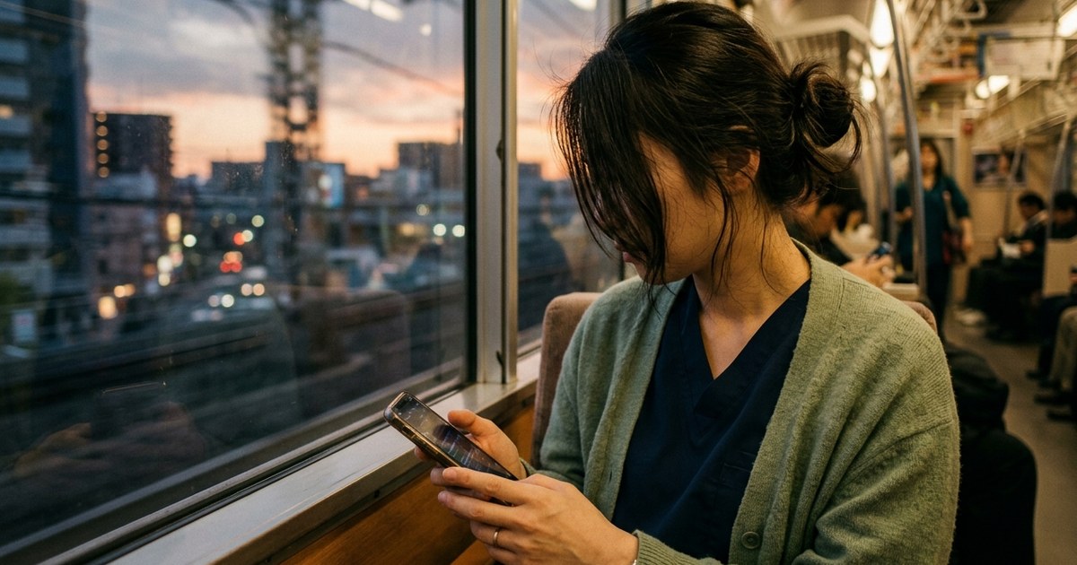 夕方の帰宅電車でスマホを見つめる、横顔の30代女性。窓の外には沈みかけの夕日。