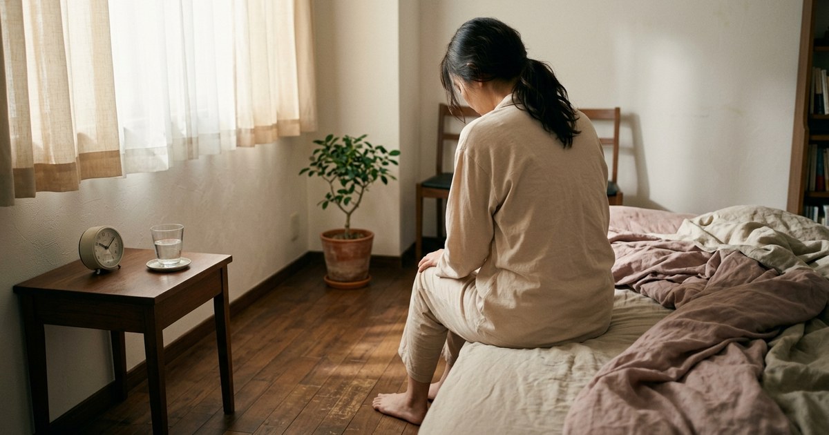 朝、ベッドの端に座って動けない女性の後ろ姿
