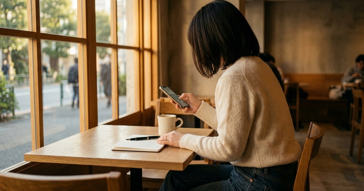 カフェの窓際でスマホを見つめる女性の後ろ姿、副業準備の朝