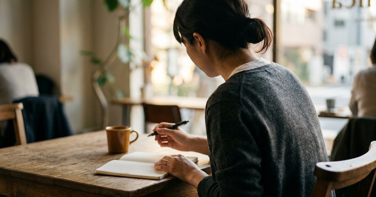 カフェのテーブルで小さなノートに何か書こうとペンを浮かせる手元