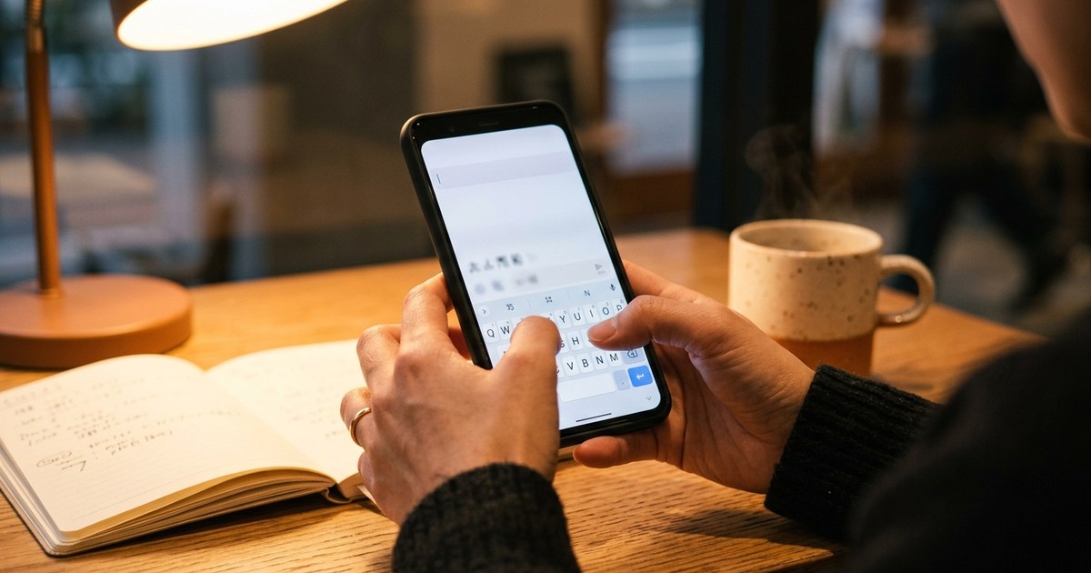 スマホで文字を入力する両手のクローズアップ、隣にノートとマグカップ