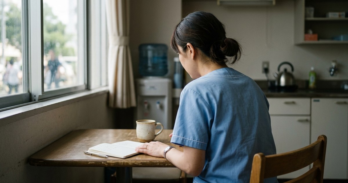看護師が休憩室でノートを開いている後ろ姿