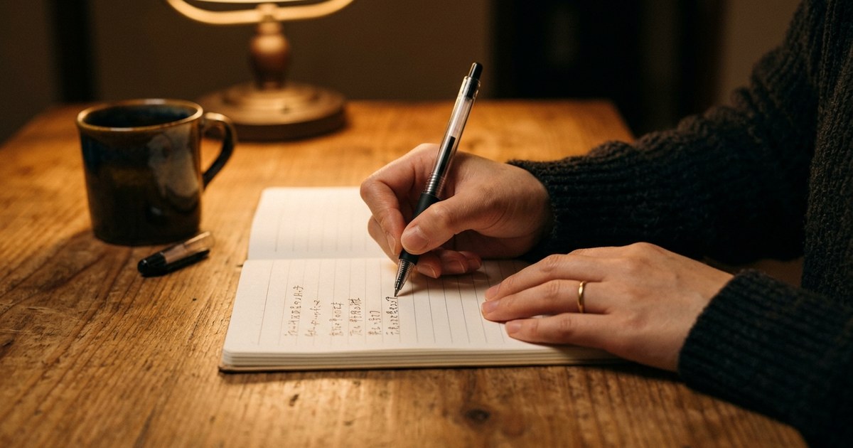 ノートに強みのリストを書き出す手元のクローズアップ