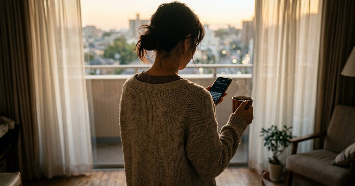 夜勤明けの朝、窓辺でマグカップを持ちスマホを見つめる女性の後ろ姿