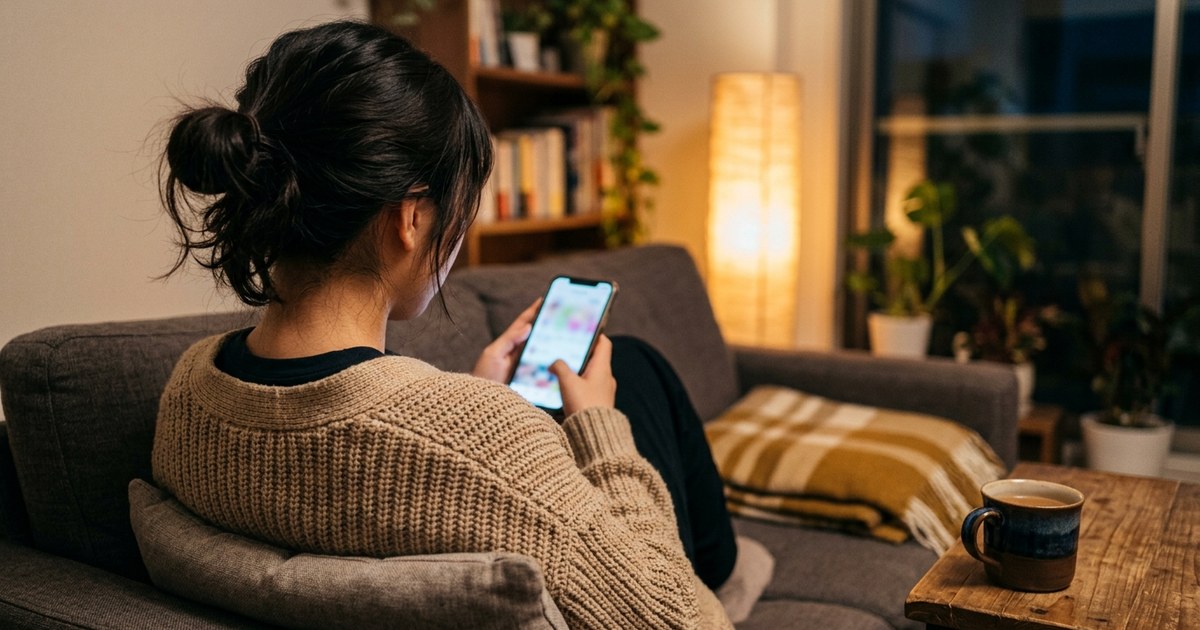 夜のソファでスマホをスクロールする後ろ姿
