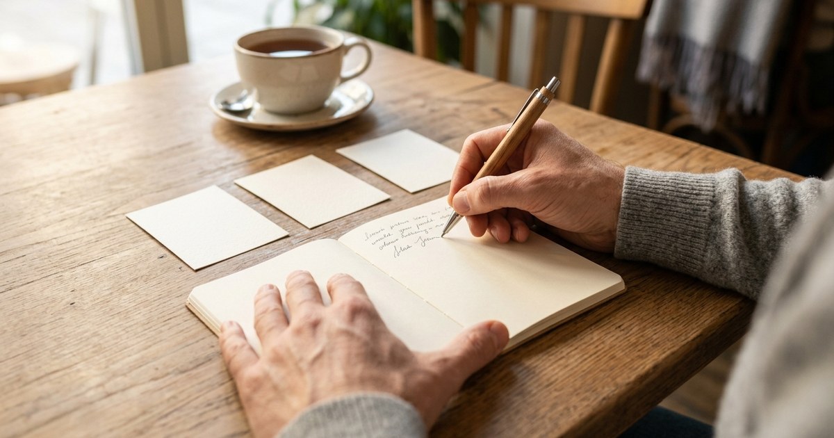ノートに優先条件を書き出す手元と3枚のカード