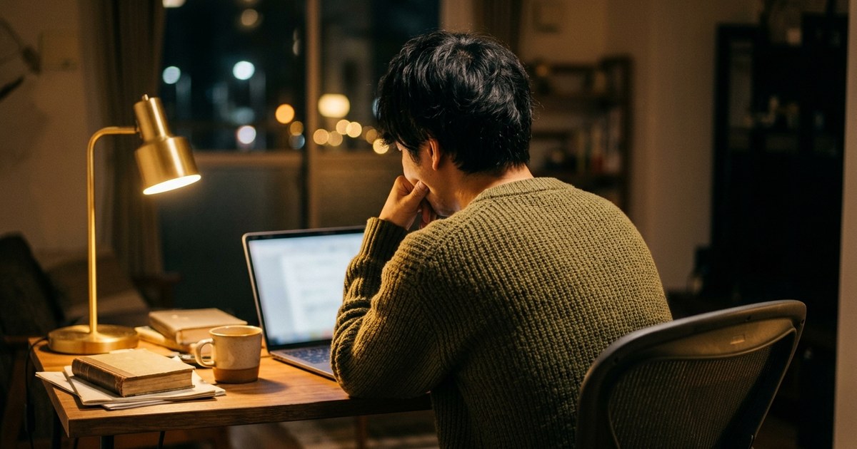 夜のデスクでノートPCの画面を前に頬杖をつく後ろ姿