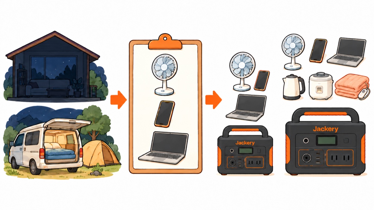ポータブル電源の選び方3ステップのイラスト。停電の夜の家と車中泊の車、使う家電を書き出したメモ、小さいポータブル電源と大きいポータブル電源