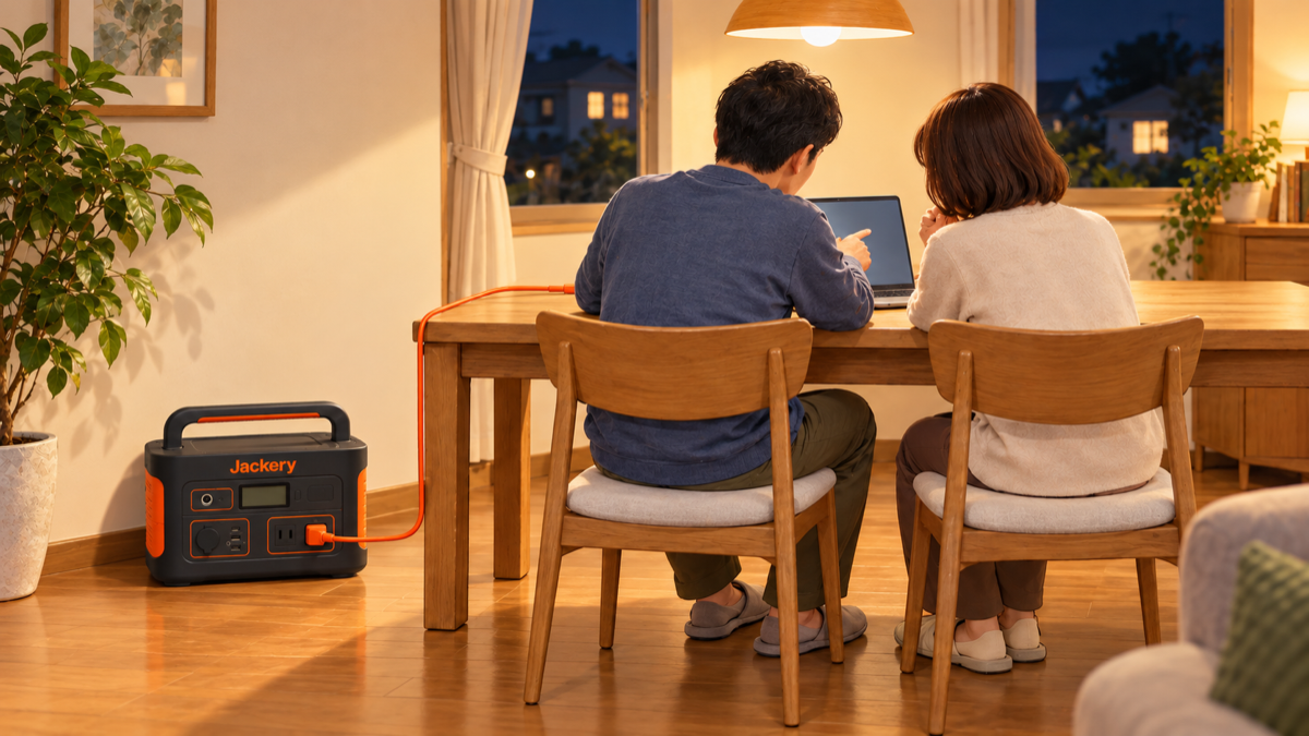 夜のリビングの食卓で夫婦が並んでノートパソコンを見ながら相談し、壁際のポータブル電源のコンセントからケーブルがつながっている様子（イメージ）