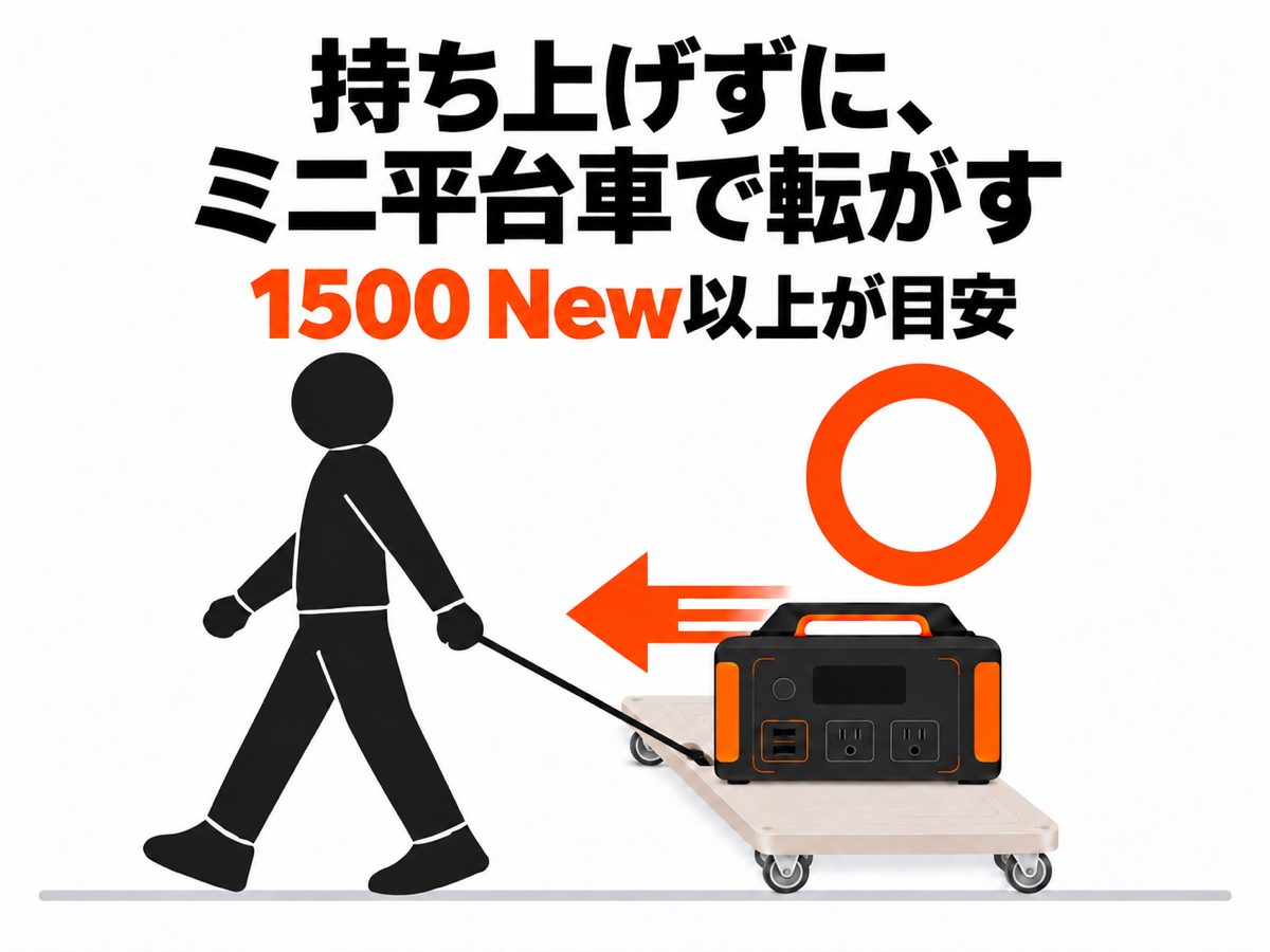 1500 New以上は持ち上げずに、ミニ平台車に載せてひもで引いて転がす、を示した図解