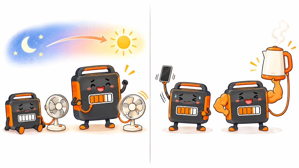 WhとWの違いのイラスト。左は体の大きい電池のキャラが夜から朝まで扇風機を回し続け、右は腕の太い電池のキャラが電気ケトルを持ち上げている
